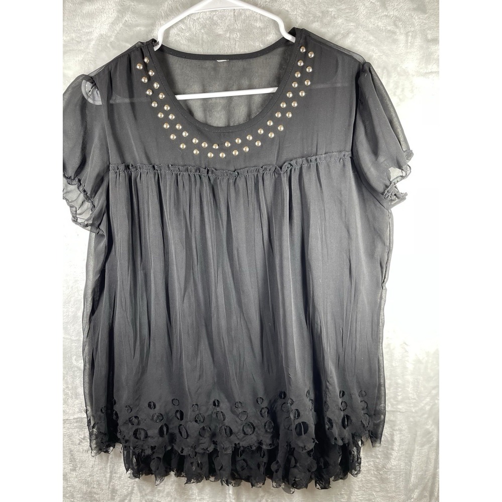 Women's black sheer top short sleeve layered cut out line studded neckline Sz M
